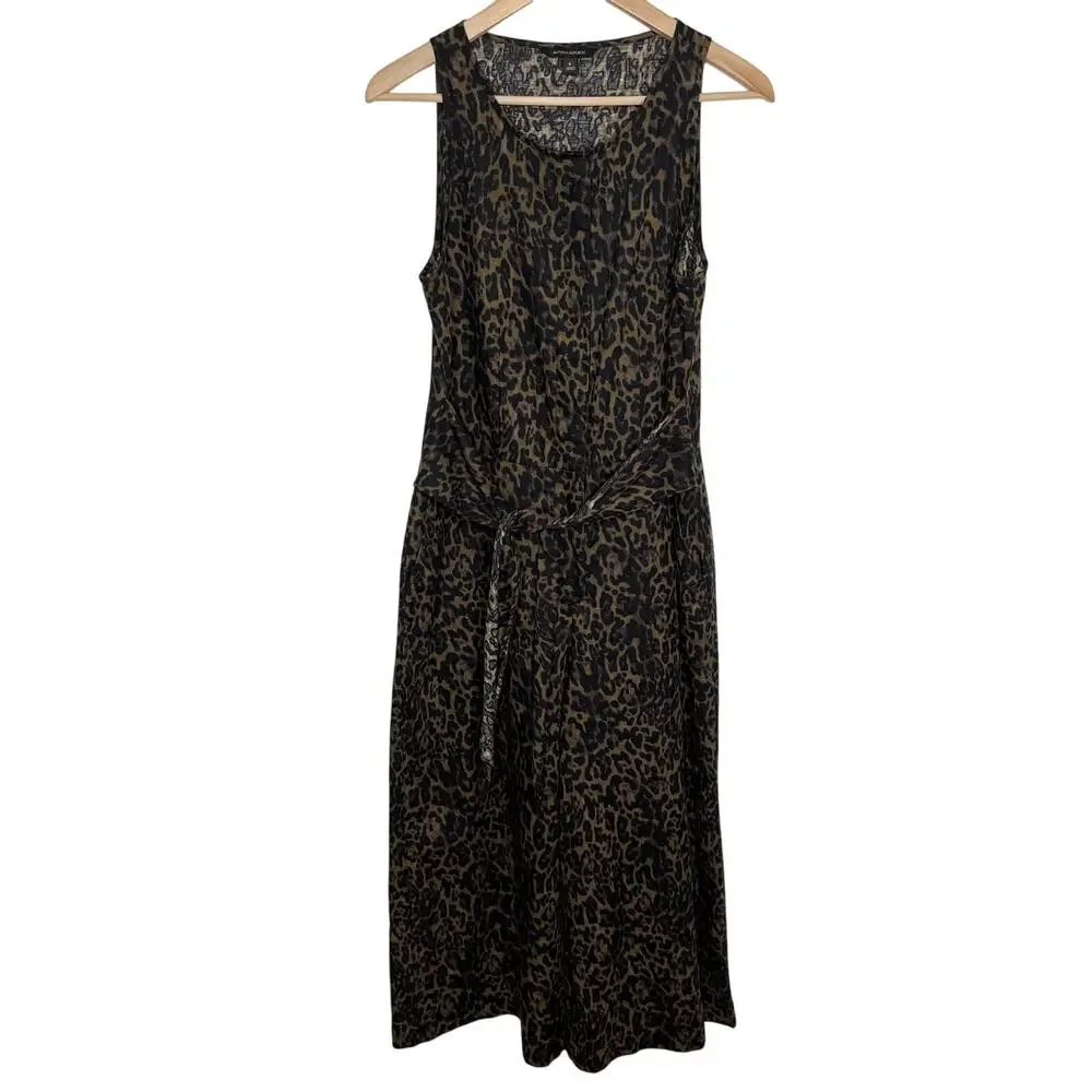 Banana Republic Womens Linen Blend Wide Leg Jumpsuit 6 Green Leopard Belted Tie